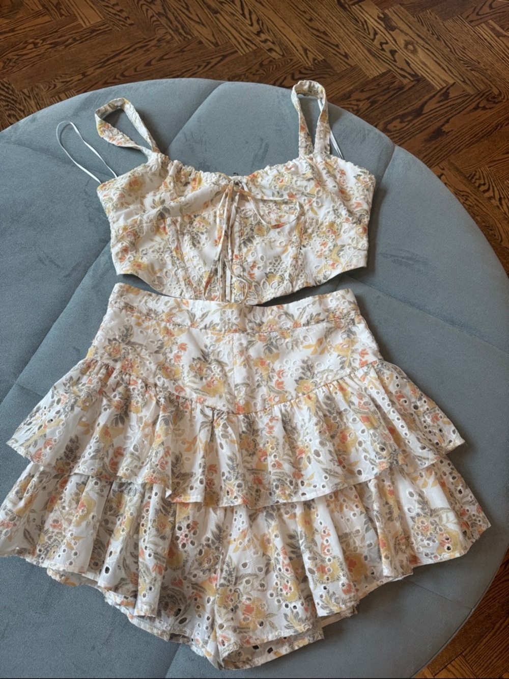 Bardot Cream Floral Eyelet Crop Top & Tiered Skort Set